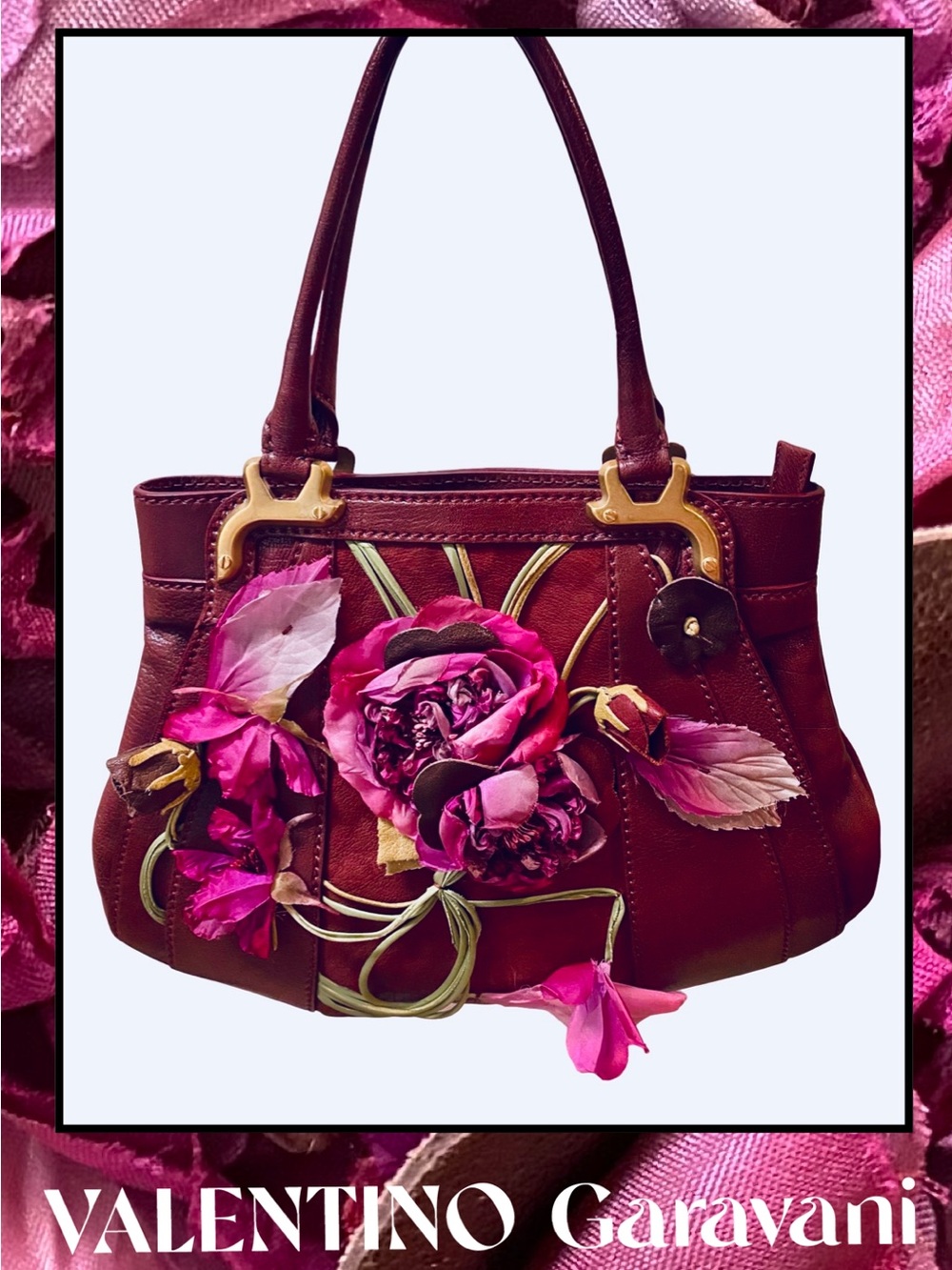VALENTINO Garavani Italy Burgundy Leather Silk Flowers Handbag Vintage NEW Rare